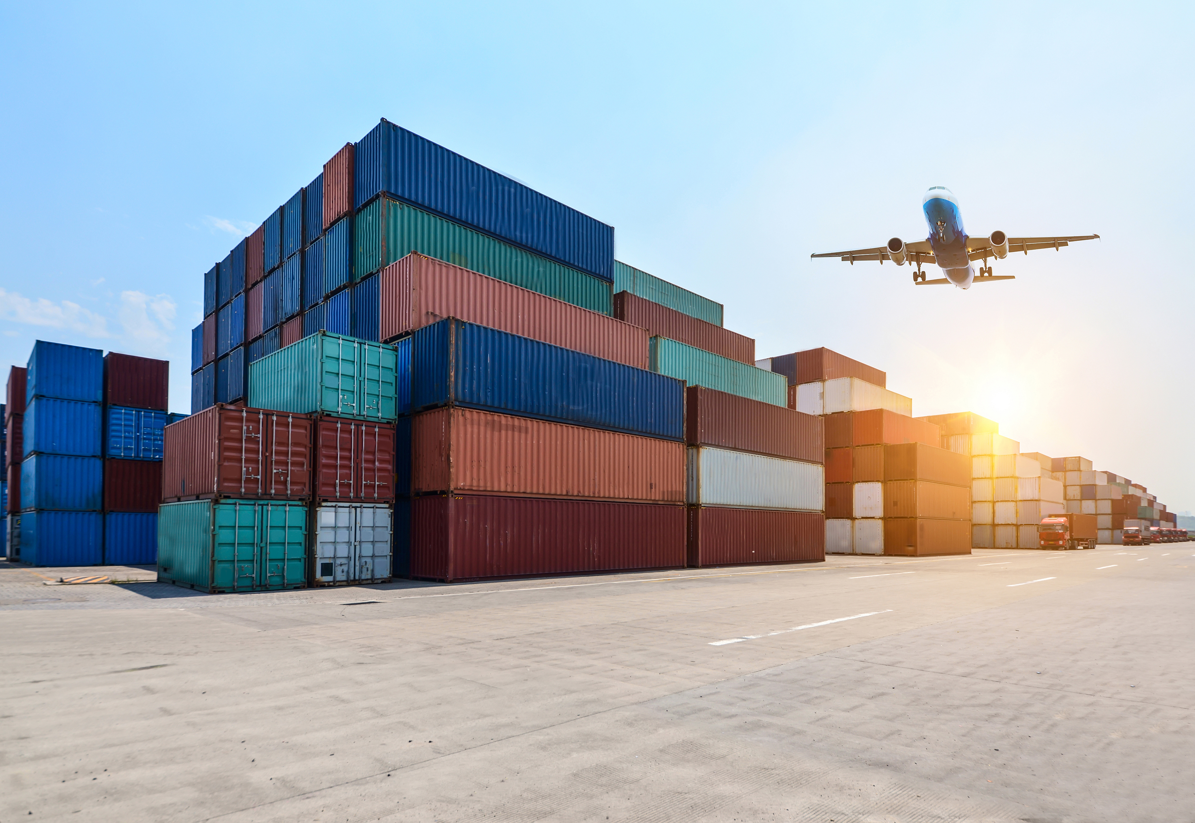 Shipping containers and aircraft representing Delhi NCR C&F distribution logistics